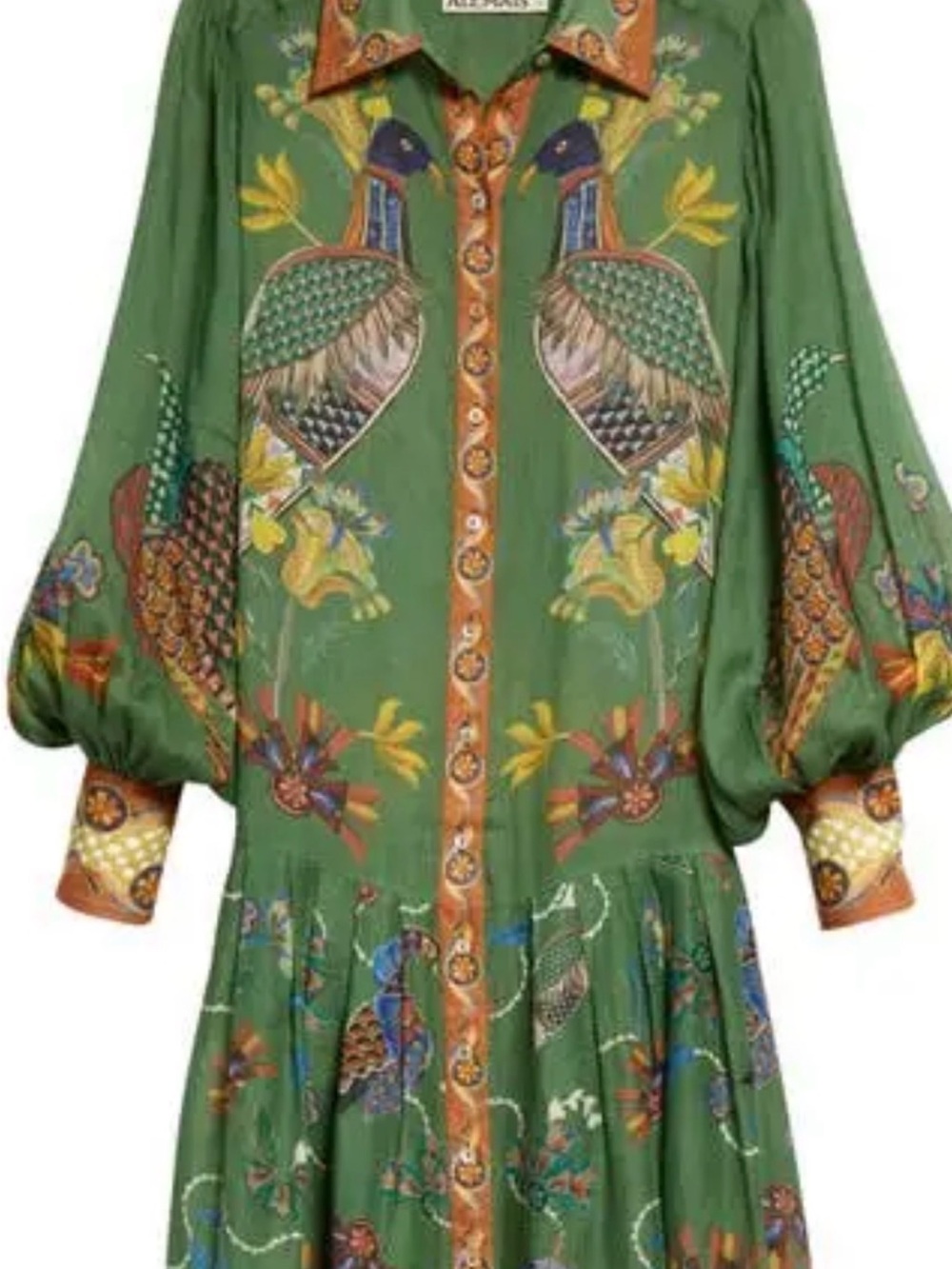 NWOT Beulah Green Button-Front Dress Bird Floral Motif SZ M pit2pit 19” 48” - Picture 10 of 10